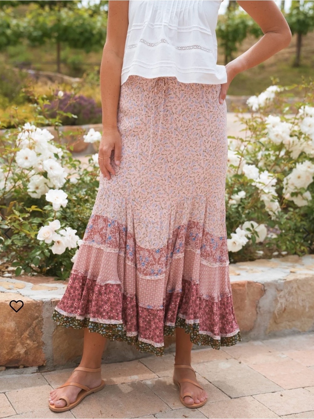Amber Boho Tiered Floral Maxi Skirt in Dusty Pink